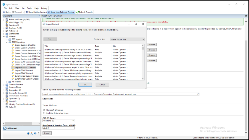 Fixlet Review Popup Import confirmation screen