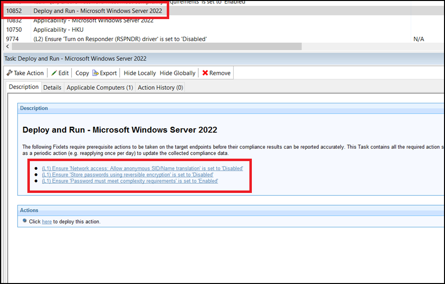 List of Fixlets depend on the Deploy and run tasks