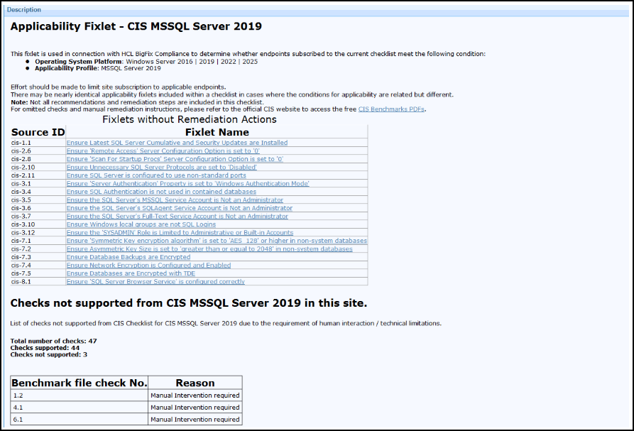 Omit list from the CIS Checklist for MSSQL Server 2019