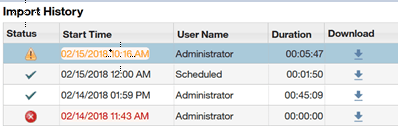 Image shows the Import History section for partial import of data