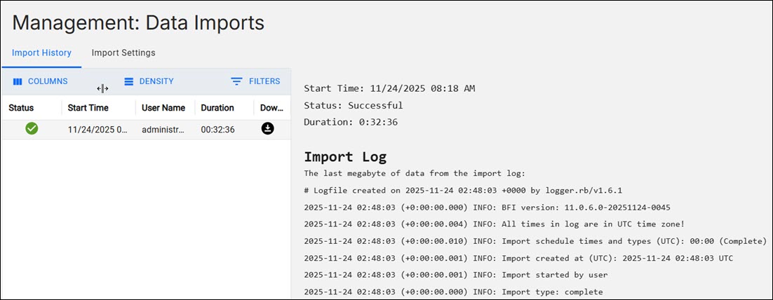 Image shows the Import History section for standard import of data