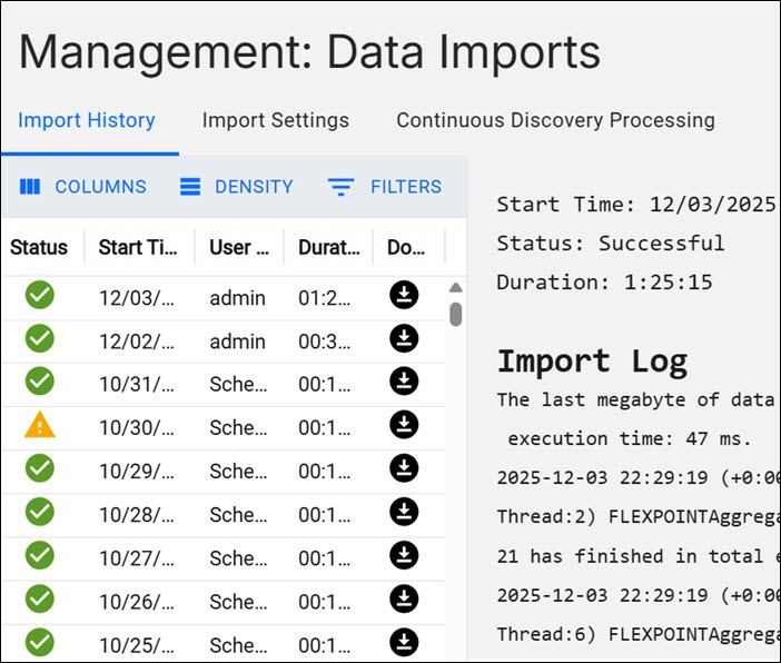 Image shows the Import History section for partial import of data