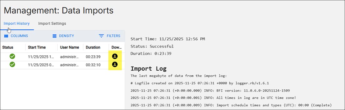 Downloading the import log.