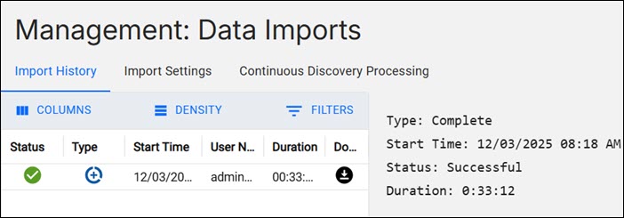 Image shows the Import History section