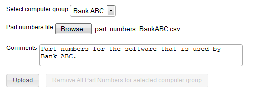 Part Numbers Upload window