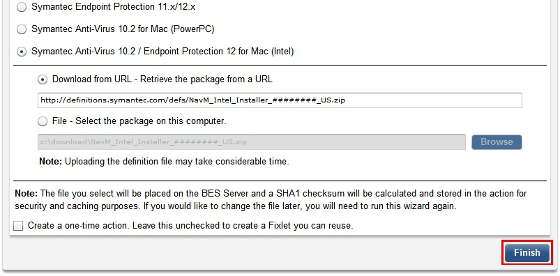 アンチウィルス定義更新タスクのウィザード: 「完了」ボタン