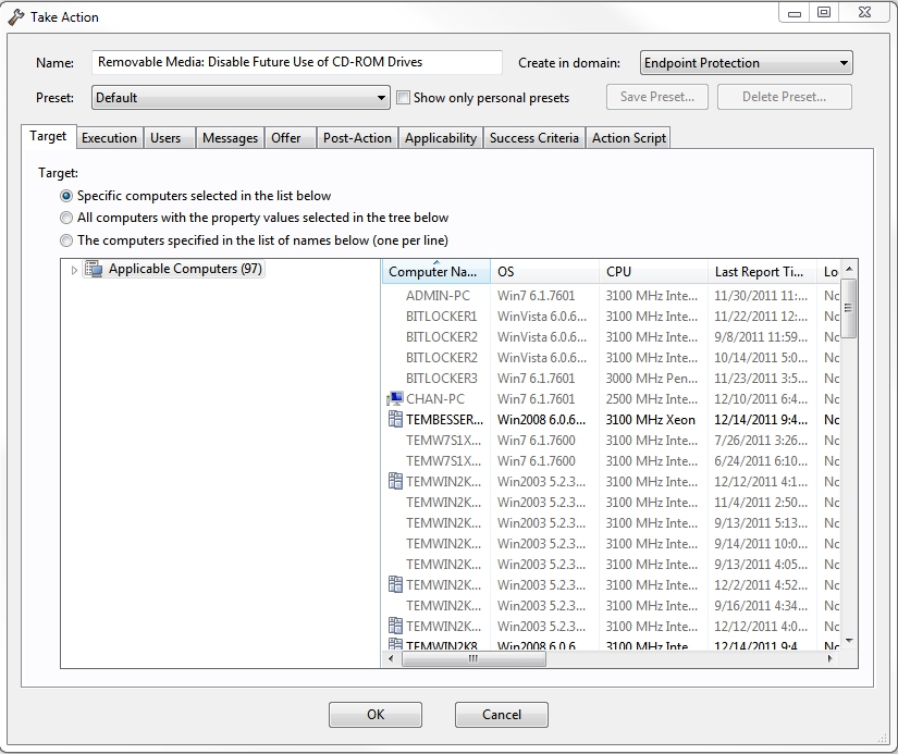 「アクションの実行」画面