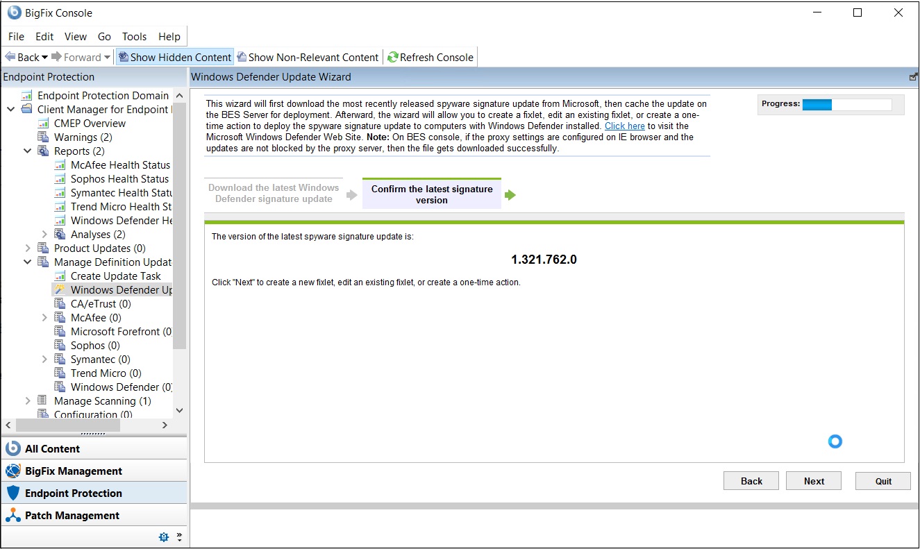 進行状況表示バーを強調表示した「最新のシグニチャー・バージョンを確認」画面