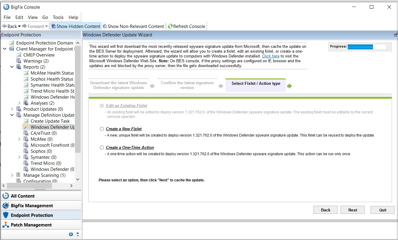Fixlet またはアクション・タイプの選択画面