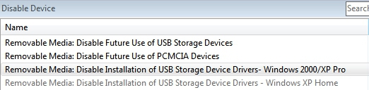 デバイスを無効化するために使用可能なタスク