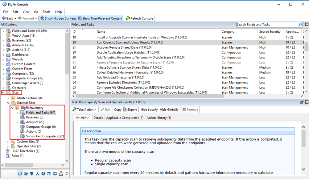 BigFix が表示された BigFix Inventory コンソールを示す画面。