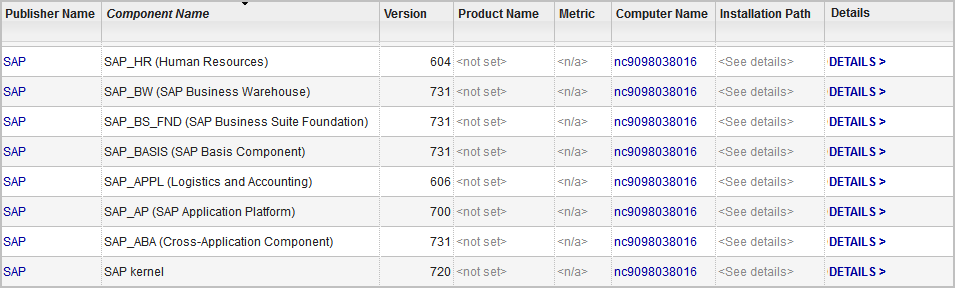 この画面は、「Software Classification」パネルに表示された SAP Business Suit コンポーネントの例を示しています。