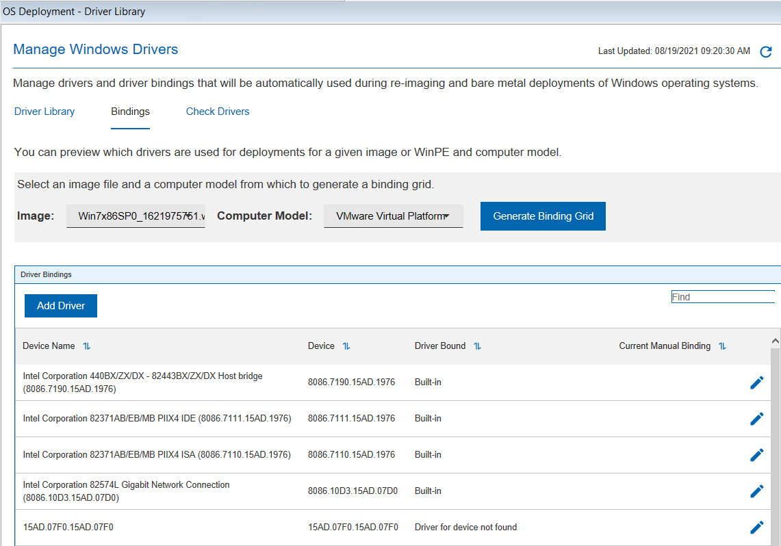 「ドライバー・ライブラリー」ダッシュボードの「バインディング」タブ