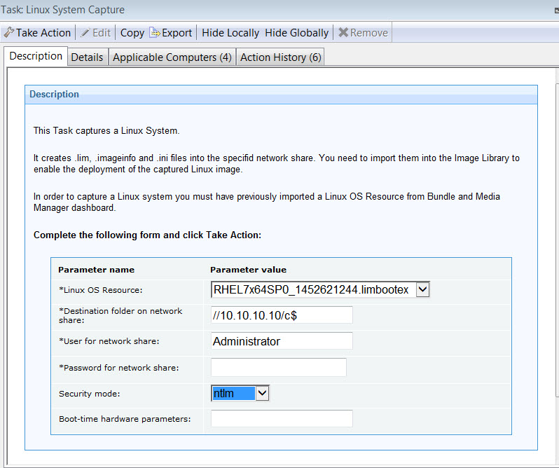 「Linux システムのキャプチャー」タスク ID 201