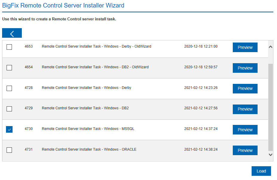 表示されたリストからのサーバー・インストール・タスクの選択
