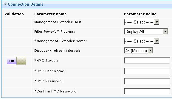 「Management Extender for PowerVM の構成」タスクの「接続の詳細」セクションのイメージ。