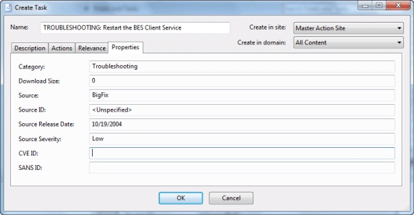 このウィンドウには、「プロパティーの編集」タブが表示されています。このタブには、プロパティーを記述するための一連のテキスト・フィールドが表示されています。