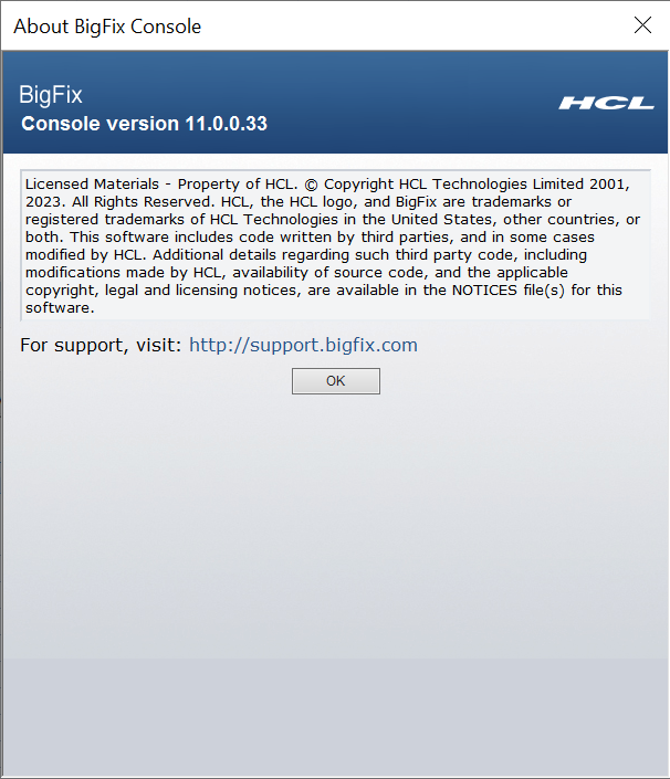 このウィンドウには、BigFix の「バージョン情報」ダイアログが表示されています。