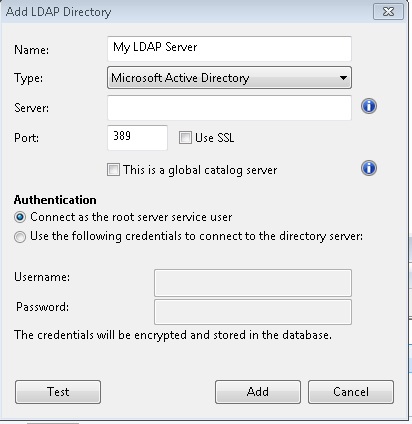 このウィンドウには、「LDAP ディレクトリーの追加」ダイアログが表示されています。入力プルダウンで「Microsoft Active Directory」が選択されています。