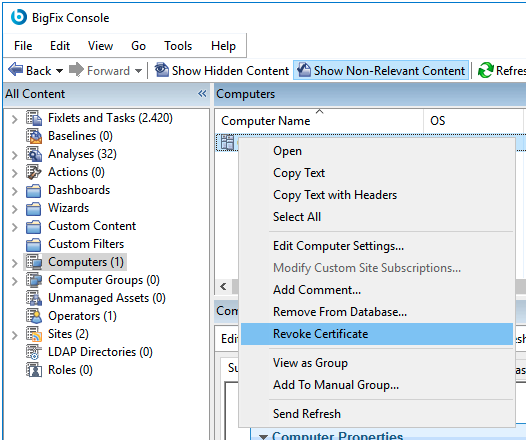 このウィンドウには、ポップアップ・メニューが表示されています。このポップアップ・メニューでは、「証明書の取り消し」オプションが選択されています。