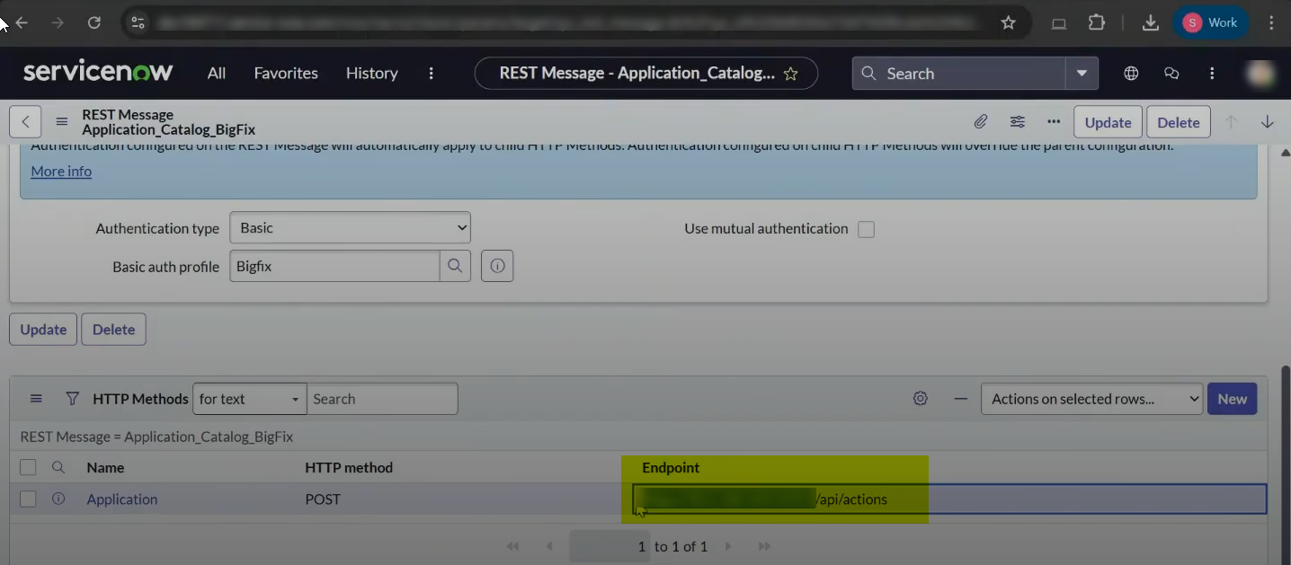 ServiceNow Application_Catalog_BigFix HTTP Methods section showing the Endpoint column for the POST and PUT methods, where the BigFix REST API server URL is entered so ServiceNow can communicate with BigFix Application Control.