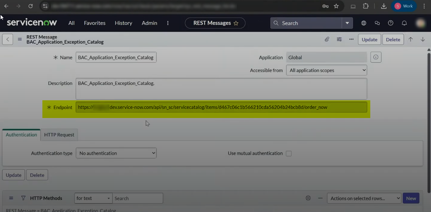 ServiceNow BAC_Application_Exception_Catalog REST Message screen showing the Endpoint field where the customer's ServiceNow instance URL is entered to direct exception requests from BigFix Application Control managed endpoints to the correct ServiceNow instance.