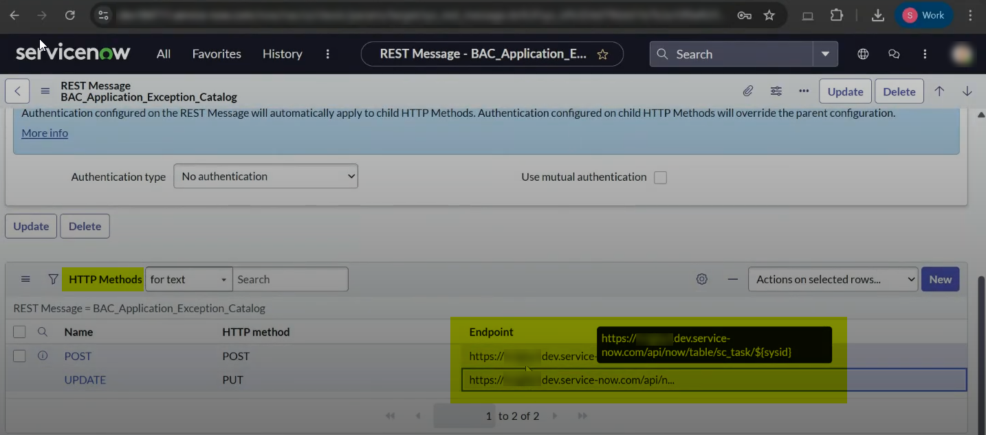 ServiceNow BAC_Application_Exception_Catalog HTTP Methods section showing the Endpoint column for POST and PUT methods, where the ServiceNow instance URL is entered to route exception requests to the correct instance.