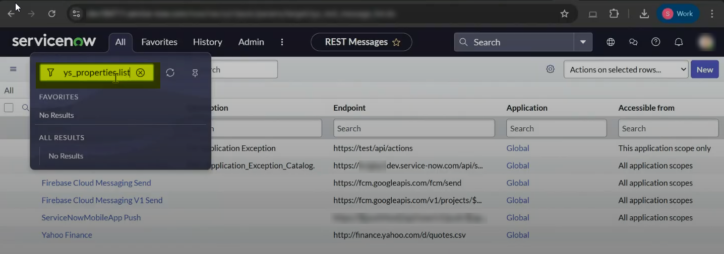 ServiceNow All tab search box with sys_properties.list entered as the search term, used to navigate to the System Properties screen where the BigFix_User_Key and BigFix_User_Name properties are configured.