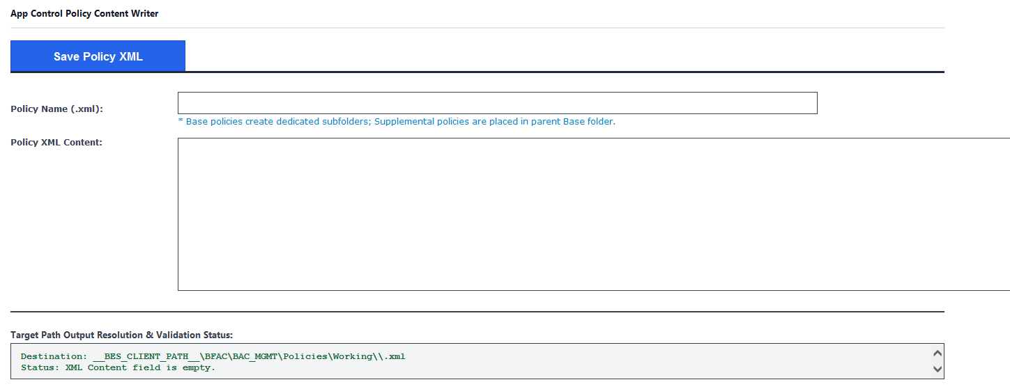 WDAC Management Node Custom Policy XML Generation task — Configuration Options panel in the BigFix Console, showing the Policy Name (.xml) field for entering the policy filename (must begin with Base_ for base policies or Supp_ for supplemental policies), and the Policy XML Content field for pasting the raw WDAC XML policy body to be validated inline and saved to the Working directory.