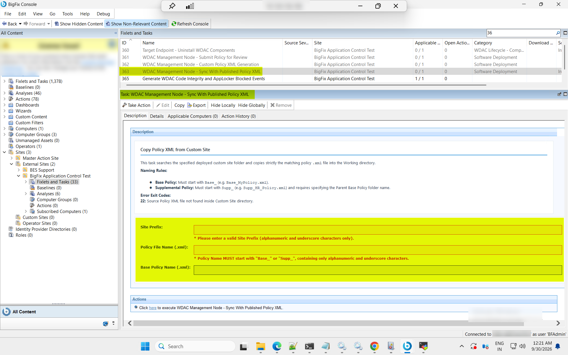 The Sync Published Policy XML to the WDAC Management Node task pane in the BigFix Console, showing the task description and the Fixlets and Tasks navigation location.