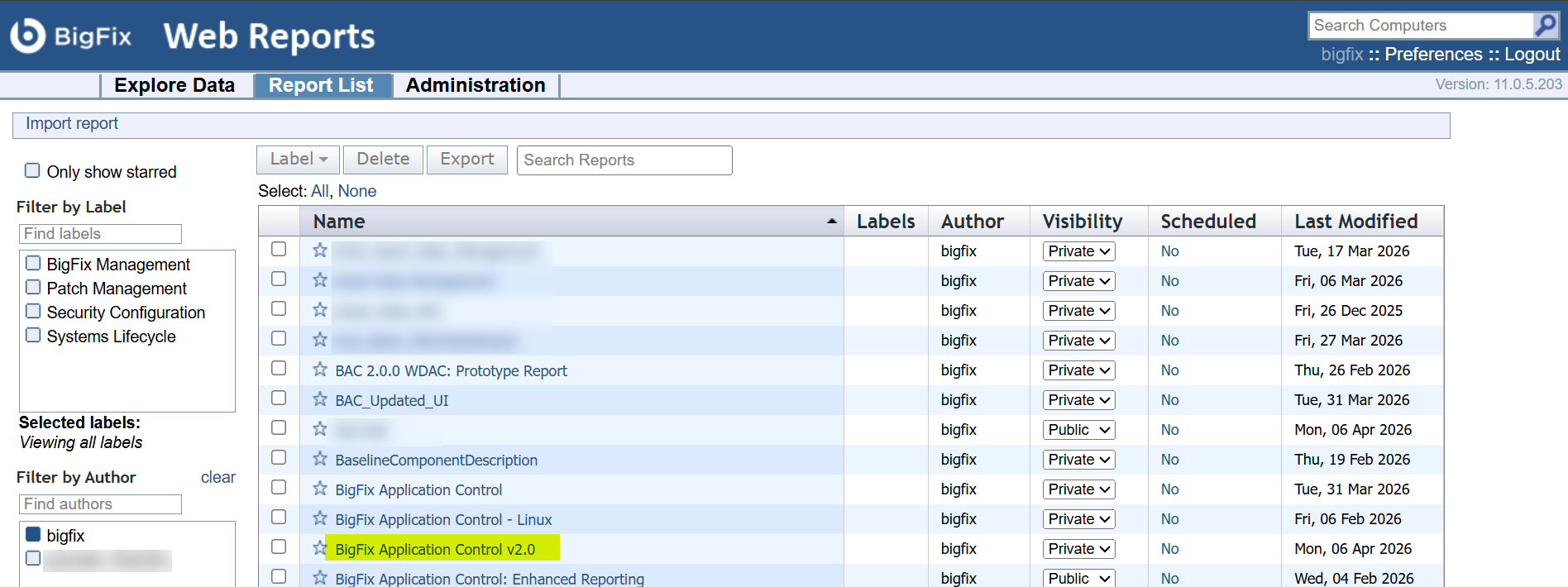 BigFix Web Reports home page showing the Report List tab with the BigFix Application Control v2.0 report entry selected, which opens the three-tab endpoint overview displaying Managed Devices, Policy Details, and Event Details for all Application Control managed endpoints in the enterprise.