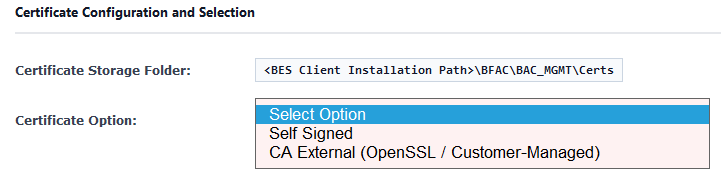 WDAC Management Node Certificate Provisioning task configuration options panel in the BigFix Console, showing the Certificate Mode selection field with options for Self Signed (TPM hardware-bound), Enterprise CA, and CA External (Customer-Managed OpenSSL two-pass CSR workflow).