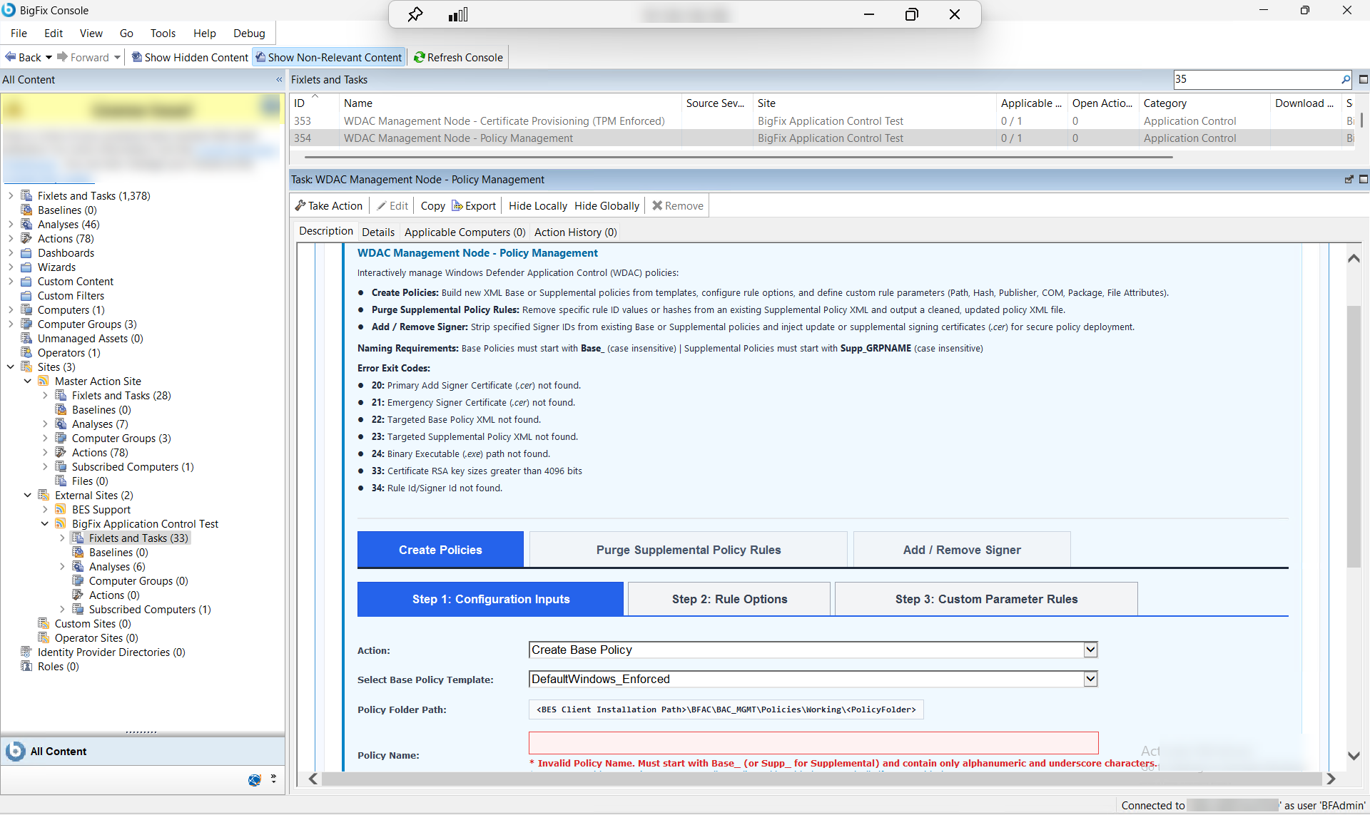 BigFix Console showing the WDAC Management Node Policy Management task (ID 354) overview in the Fixlets and Tasks pane, displaying the Create Policies three-step workflow and the Purge Supplemental Policy Rules section for WDAC policy authoring on the BAC_MGMT Management Node.