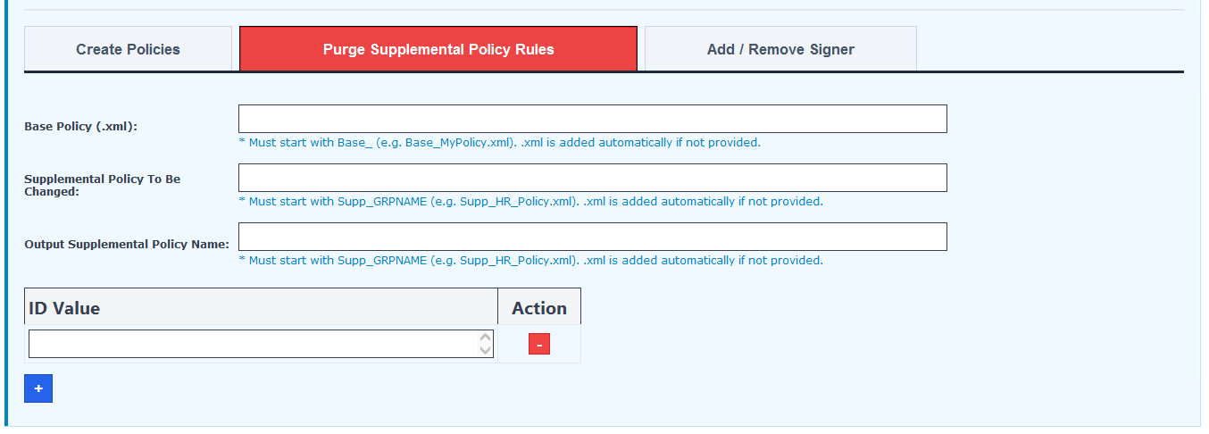 WDAC Management Node Policy Management task — Purge Supplemental Policy Rules section showing the full task pane for removing specific rule IDs or hashes from an existing Supplemental policy, with input fields for the Base Policy, Supplemental Policy To Be Changed, and Output Supplemental Policy Name.
