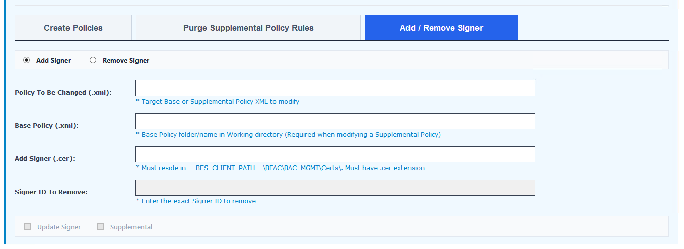 WDAC Management Node Policy Management task — Add / Remove Signer section showing the radio selection between Add Signer and Remove Signer options, with configuration fields for the target policy and signing certificate or Signer ID to modify.
