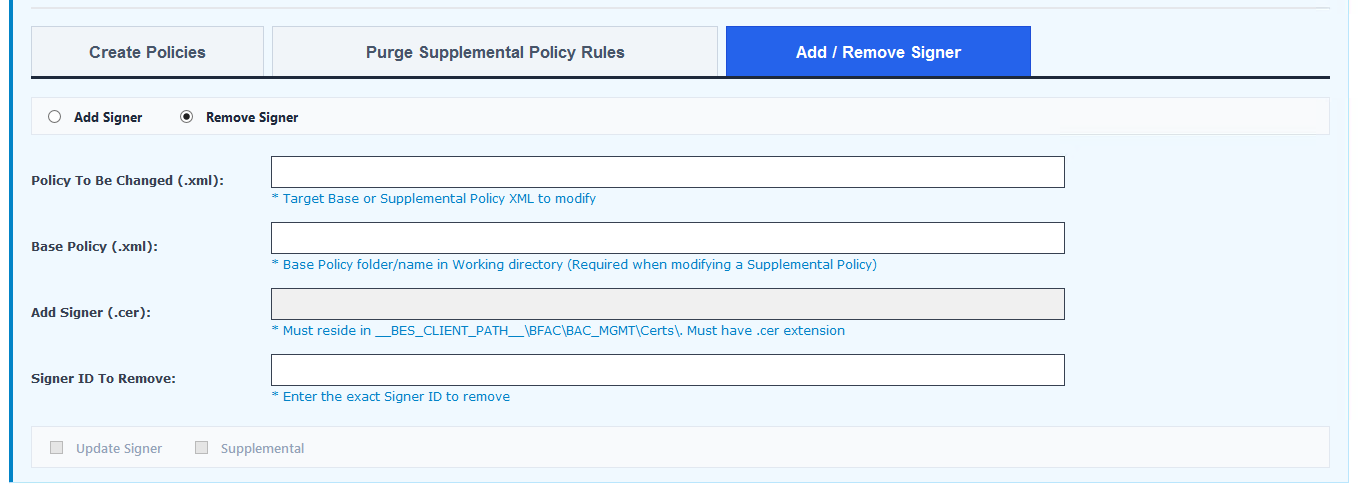 WDAC Management Node Policy Management task — Remove Signer configuration panel showing the Policy To Be Changed (.xml), Base Policy (.xml), and Signer ID To Remove input fields for stripping a Signer element from a Base or Supplemental WDAC policy XML.