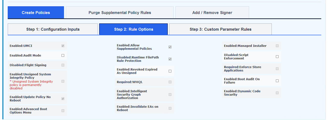WDAC Management Node Policy Management task — Create Policies Step 2: Rule Options panel, showing the 16 WDAC policy rule flag checkboxes including Enabled: UMCI, Enabled: Audit Mode, Enabled: Intelligent Security Graph Authorization, Enabled: Managed Installer, Disabled: Script Enforcement, and Enabled: Dynamic Code Security.