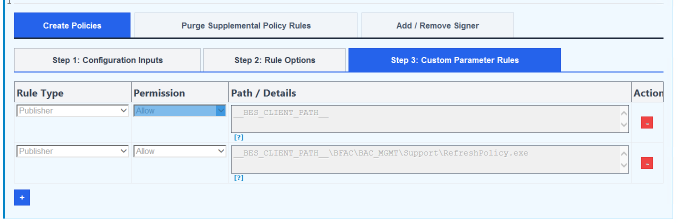 WDAC Management Node Policy Management task — Create Policies Step 3: Custom Parameter Rules panel, showing the Rule Type, Permission, and Path Details fields for defining path-based, publisher-based, or file hash-based WDAC allow or deny rules.