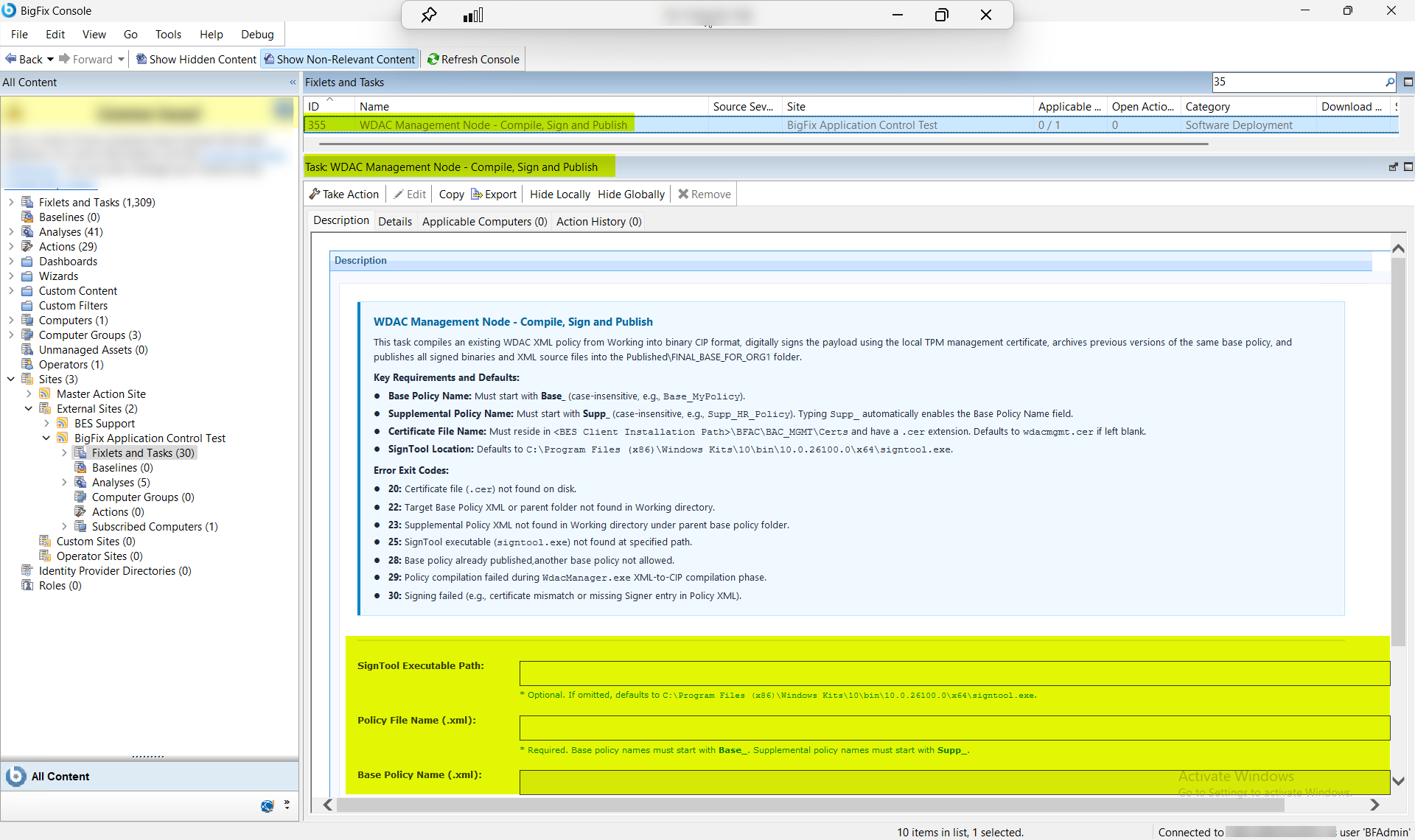 BigFix Console showing the WDAC Management Node Compile, Sign and Publish task (ID 355) in the Fixlets and Tasks pane, displaying the task description with policy naming requirements (Base_ prefix, Supp_ prefix), certificate file path conventions, SignTool default path, and the exit code reference table for TPM-based binary policy signing and Custom Site publication.