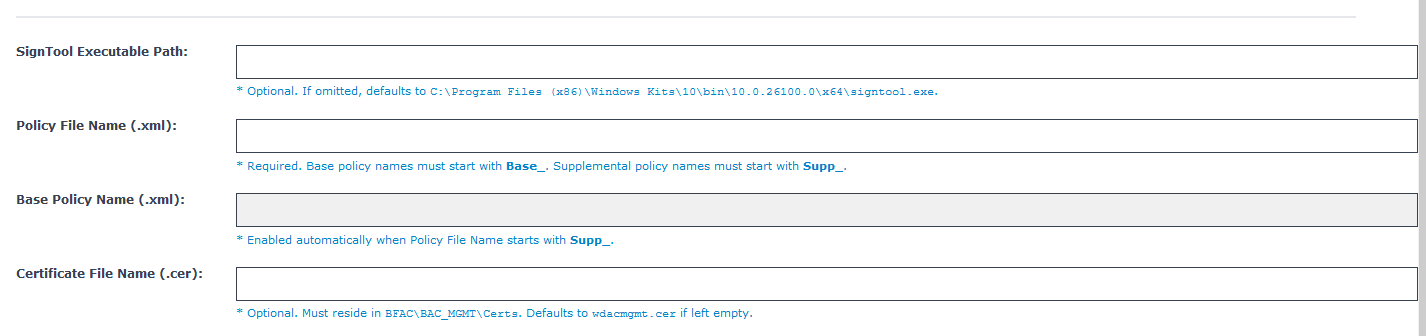 WDAC Management Node Compile, Sign and Publish task configuration options panel in the BigFix Console, showing input fields for SignTool Executable Path, Policy File Name (.xml), and Certificate File Name (.cer) with the wdacmgmt.cer default.