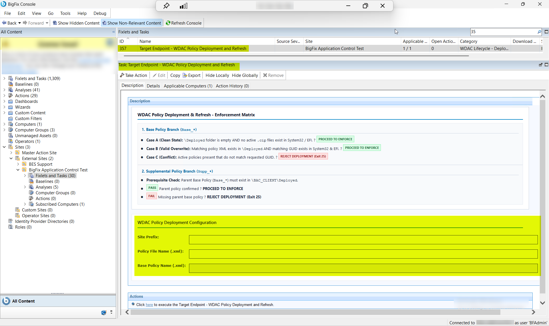 BigFix Console showing the Target Endpoint WDAC Policy Deployment and Refresh task (ID 357) in the Fixlets and Tasks pane, displaying the three key workflow functions: Custom Site Resolution fetching signed .cip.p7 files, GUID Parsing and Active Staging into the CiPolicies Active directory, and Live Enforcement Refresh via RefreshPolicy.exe without a system reboot. The enforcement matrix shows Base policy deployment cases (clean state, valid overwrite, GUID conflict) and Supplemental policy parent Base prerequisite checks.