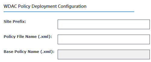 Target Endpoint WDAC Policy Deployment and Refresh task — Configuration Options panel in the BigFix Console, showing three input fields: Site Prefix (for resolving the CustomSite_SitePrefix_Policies_Deployed Custom Site), Policy File Name (.xml) for specifying the WDAC policy to fetch and stage, and Base Policy Name (.xml) required when deploying a Supplemental policy to confirm the parent Base policy exists on the target endpoint.
