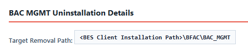 WDAC Management Node Uninstall BAC Configuration task — Configuration Options panel in the BigFix Console, showing the Target Removal Path field for specifying the BAC_MGMT installation path on the Management Node.