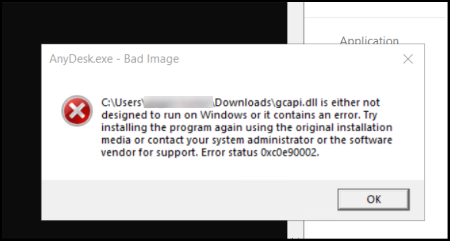 AnyDesk.exe error dialog showing a bad image message for gcapi.dll with error code 0xc0e90002 STATUS_CODE_INTEGRITY_VIOLATION, caused by an untrusted Google LLC signer not covered by the AnyDesk Software GmbH WDAC policy rule.