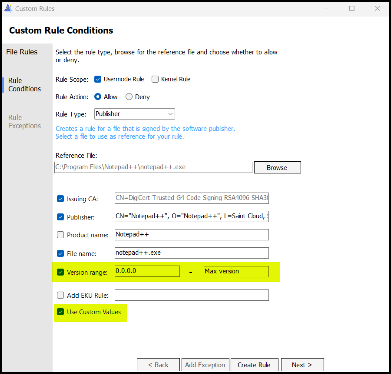 WDAC App Control Policy Wizard Custom Rule Conditions dialog with version range fields highlighted — used to set MinimumFileVersion to match the installed ProductVersion on the endpoint and resolve Event ID 3077 blocks.