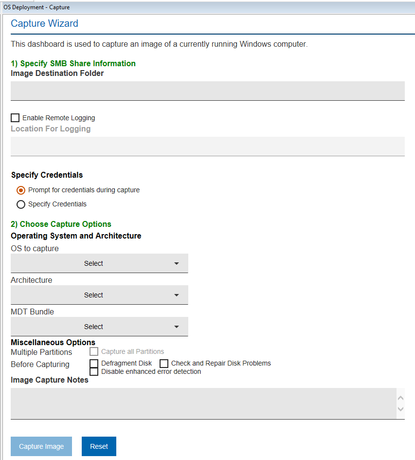 Choosing capture options and credentials