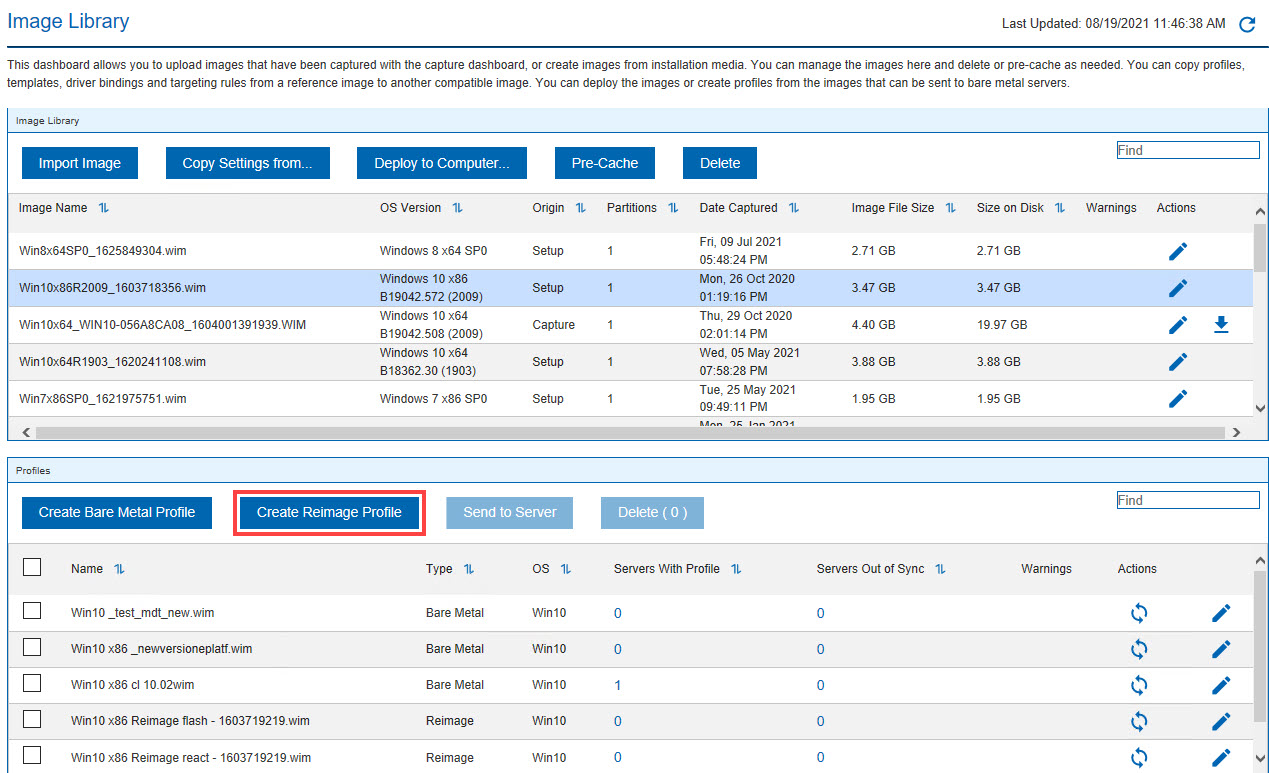 Reimage profile creation from the image library dashboard