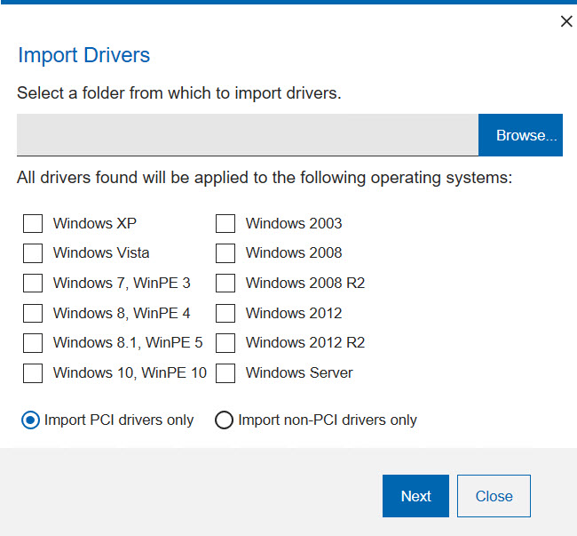 In the Import Drivers dialog, you can specify to which operating systems the drivers are to be applied.