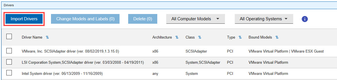 The Import Drivers option of the Driver Library dashboard is used to import drivers needed during reimaging and bare metal deployments.