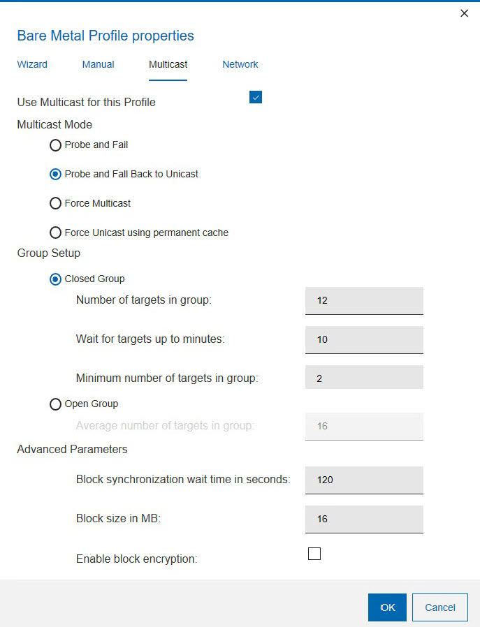 Multicast tab for the Bare Metal Profile Properties